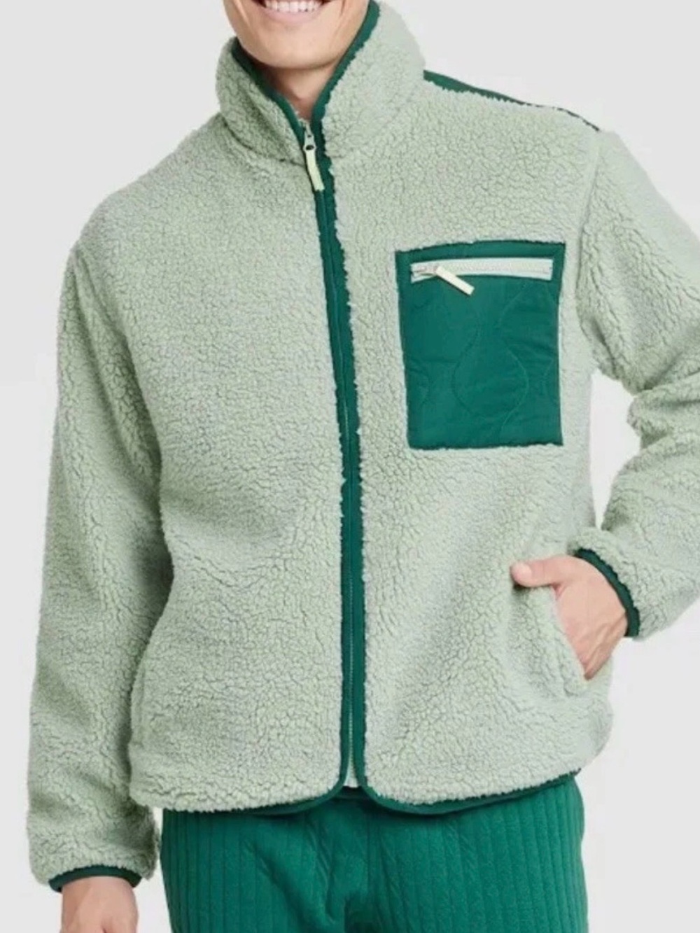 Goodfellow & Co Sage Green Sherpa Zip Jacket with Dark Green Pocket